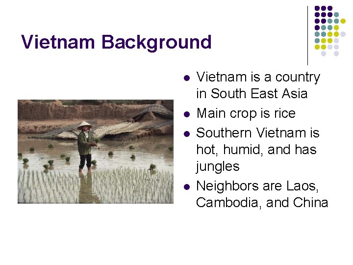 Vietnam Background l l Vietnam is a country in South East Asia Main crop Vietnam Background l l Vietnam is a country in South East Asia Main crop