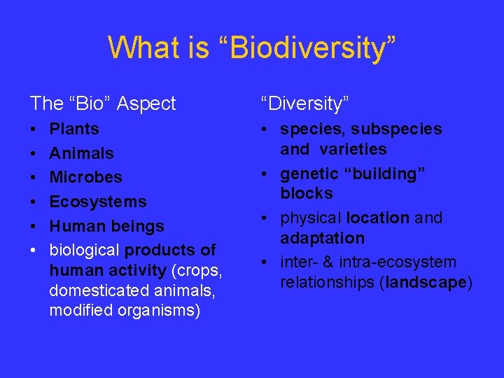 What is “Biodiversity” The “Bio” Aspect “Diversity” • • species, subspecies and varieties •