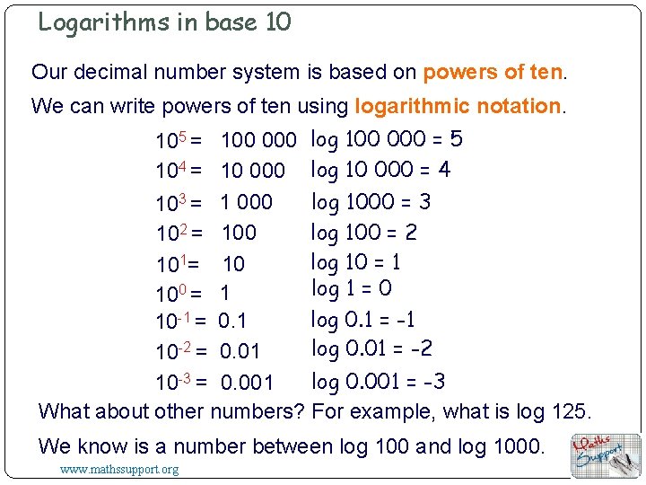 Logarithms in base 10 Our decimal number system is based on powers of ten.