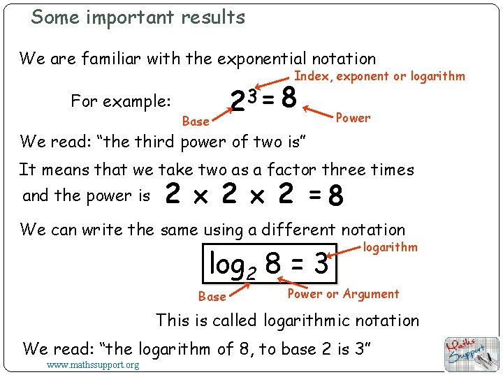 Some important results We are familiar with the exponential notation Index, exponent or logarithm