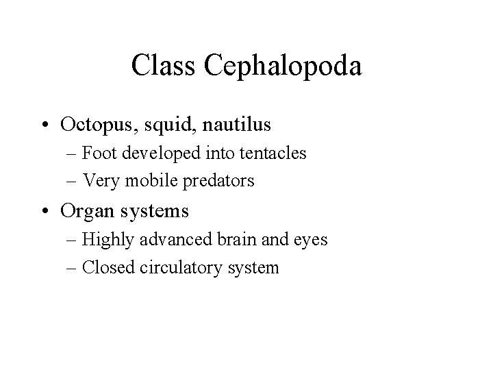 Class Cephalopoda • Octopus, squid, nautilus – Foot developed into tentacles – Very mobile