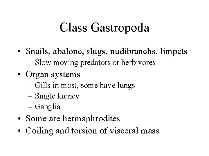 Class Gastropoda • Snails, abalone, slugs, nudibranchs, limpets – Slow moving predators or herbivores
