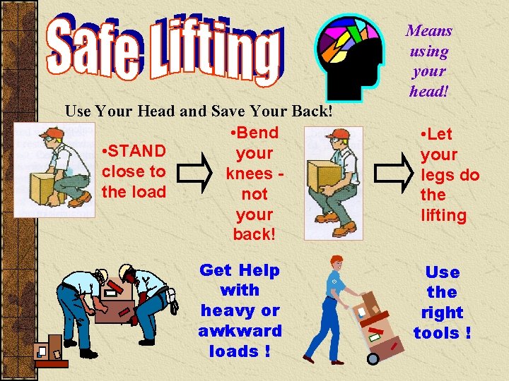 Means using your head! Use Your Head and Save Your Back! • Bend •