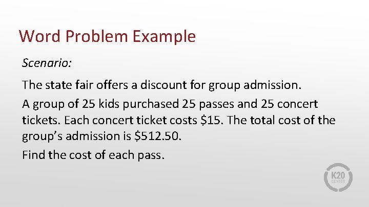 Word Problem Example Scenario: The state fair offers a discount for group admission. A
