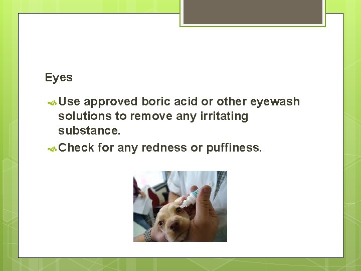 Eyes Use approved boric acid or other eyewash solutions to remove any irritating substance.