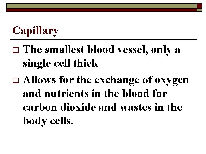 Capillary The smallest blood vessel, only a single cell thick o Allows for the