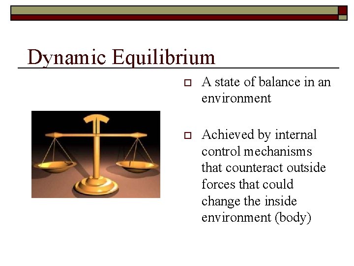 Dynamic Equilibrium o A state of balance in an environment o Achieved by internal