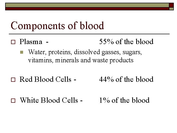 Components of blood o Plasma n 55% of the blood Water, proteins, dissolved gasses,