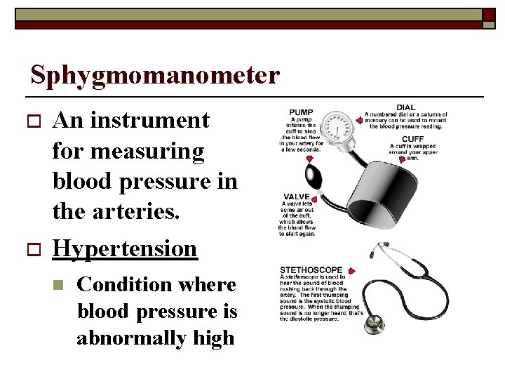 Sphygmomanometer o o An instrument for measuring blood pressure in the arteries. Hypertension n