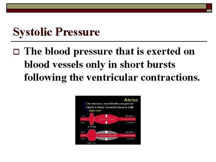 Systolic Pressure o The blood pressure that is exerted on blood vessels only in