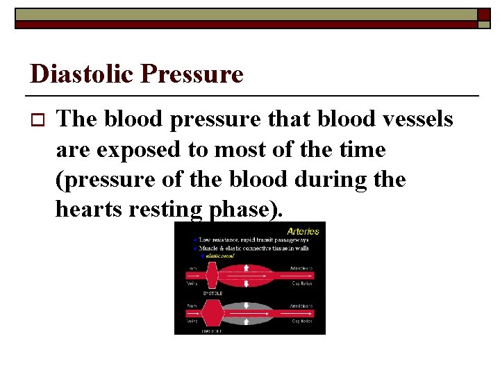 Diastolic Pressure o The blood pressure that blood vessels are exposed to most of