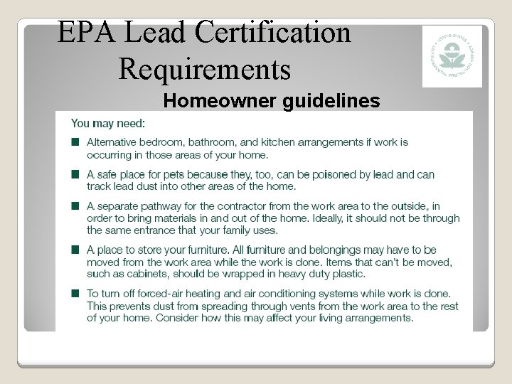 EPA Lead Certification Requirements Homeowner guidelines 
