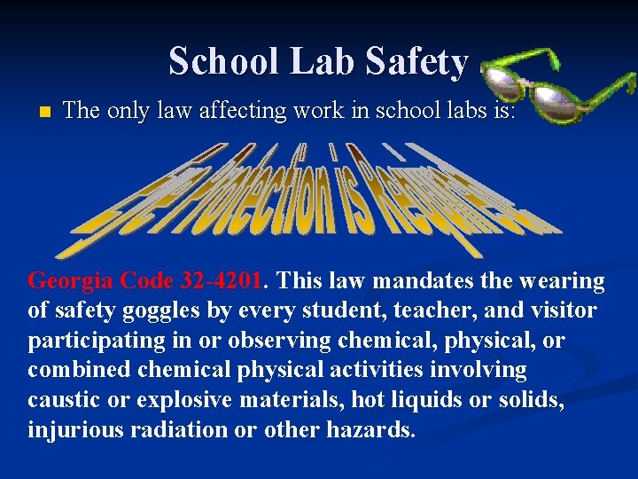 School Lab Safety n The only law affecting work in school labs is: Georgia
