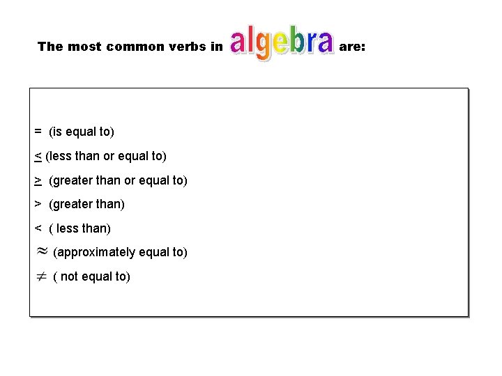 The most common verbs in = (is equal to) < (less than or equal