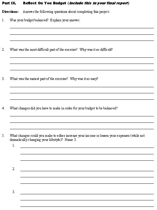 Part IX. Reflect On You Budget (Include this in your final report ) Directions: