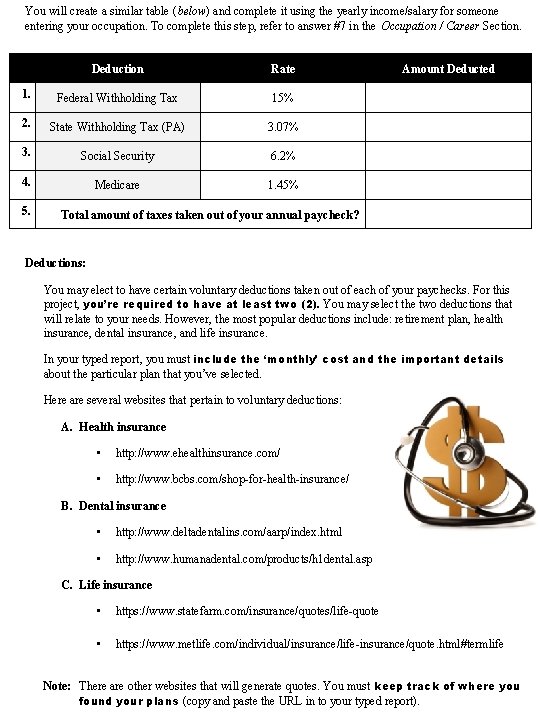 You will create a similar table (below) and complete it using the yearly income/salary