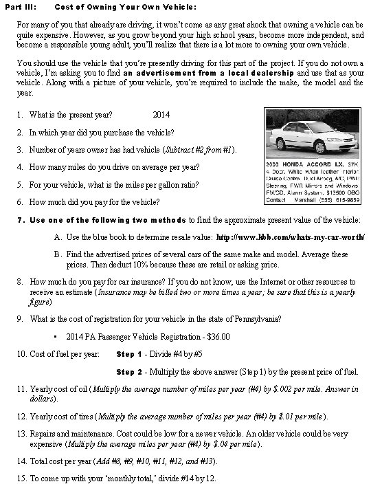 Part III: Cost of Owning Your Own Vehicle: For many of you that already