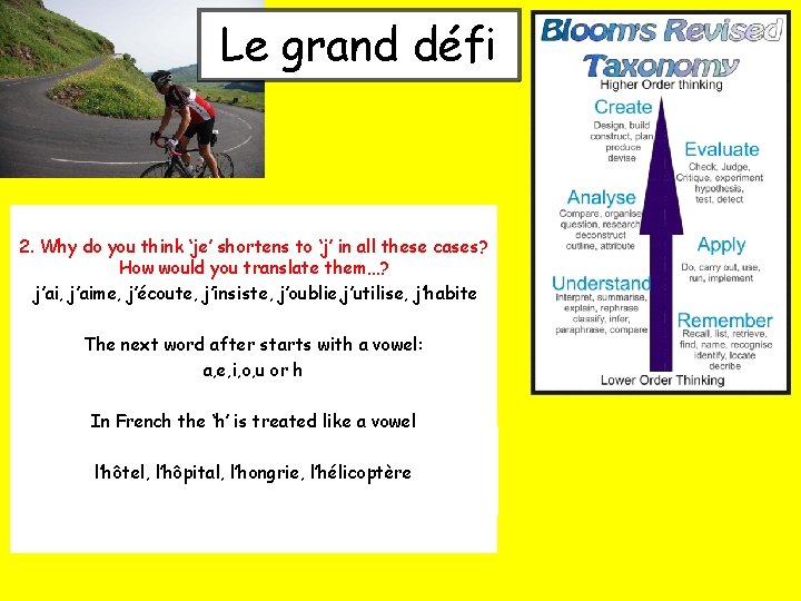 Le grand défi 2. Why do you think ‘je’ shortens to ‘j’ in all