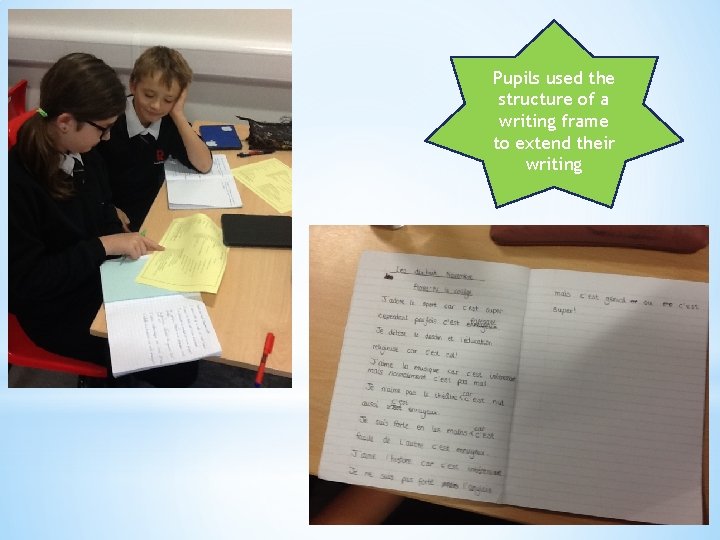 Pupils used the structure of a writing frame to extend their writing 