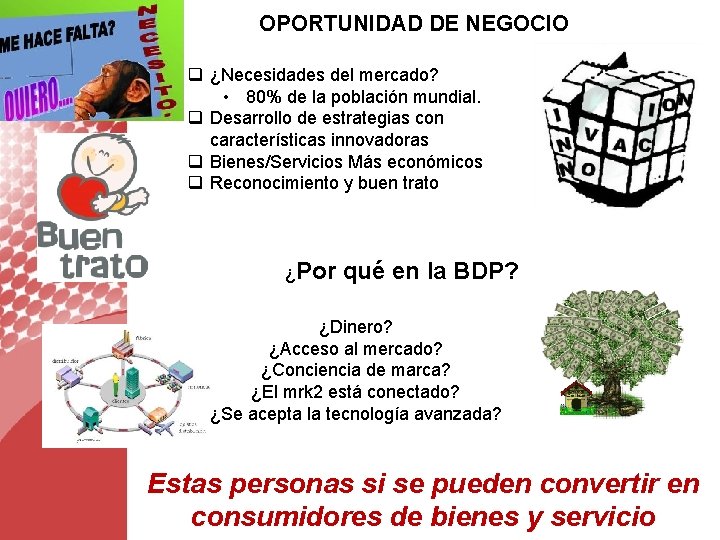 OPORTUNIDAD DE NEGOCIO q ¿Necesidades del mercado? • 80% de la población mundial. q