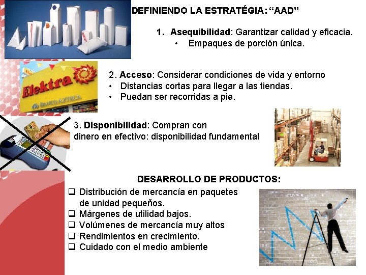 DEFINIENDO LA ESTRATÉGIA: “AAD” 1. Asequibilidad: Garantizar calidad y eficacia. • Empaques de porción