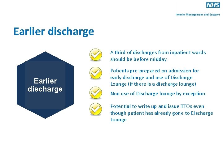 Earlier discharge A third of discharges from inpatient wards should be before midday Earlier