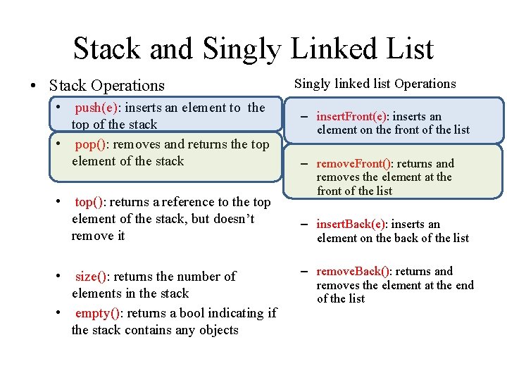 Stack and Singly Linked List • Stack Operations • Singly linked list Operations •