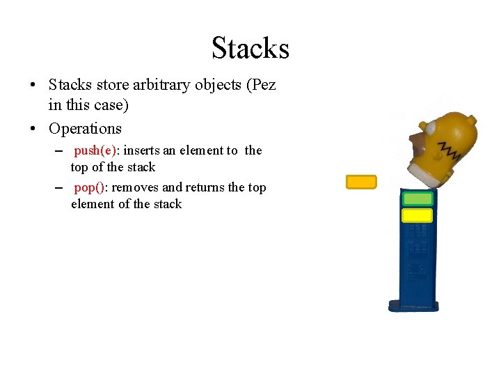 Stacks • Stacks store arbitrary objects (Pez in this case) • Operations – push(e):