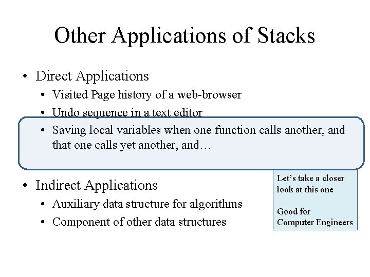 Other Applications of Stacks • Direct Applications • Visited Page history of a web-browser