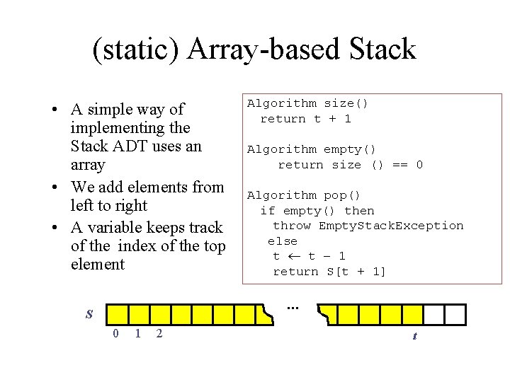 (static) Array-based Stack • A simple way of implementing the Stack ADT uses an