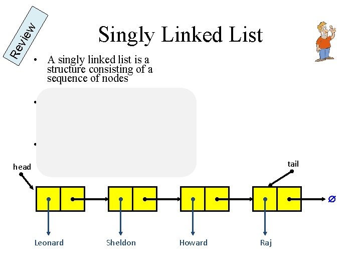 Re vie w Singly Linked List • A singly linked list is a structure