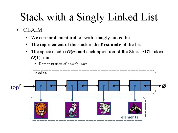 Stack with a Singly Linked List • CLAIM: • We can implement a stack