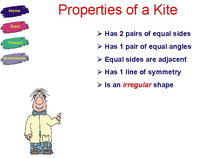 Properties of a Kite Has 2 pairs of equal sides Has 1 pair of