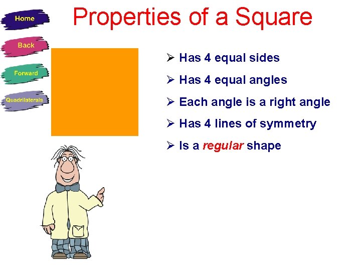 Properties of a Square Has 4 equal sides Has 4 equal angles Each angle