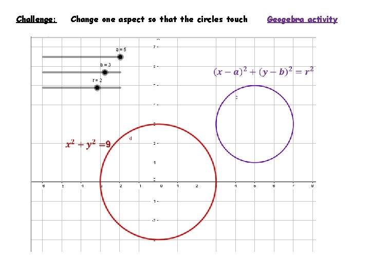 Challenge: Change one aspect so that the circles touch Geogebra activity 