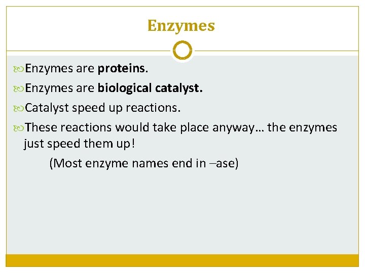 Enzymes are proteins. Enzymes are biological catalyst. Catalyst speed up reactions. These reactions would