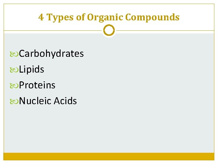 4 Types of Organic Compounds Carbohydrates Lipids Proteins Nucleic Acids 