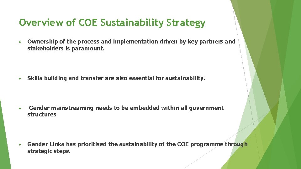 Overview of COE Sustainability Strategy Ownership of the process and implementation driven by key