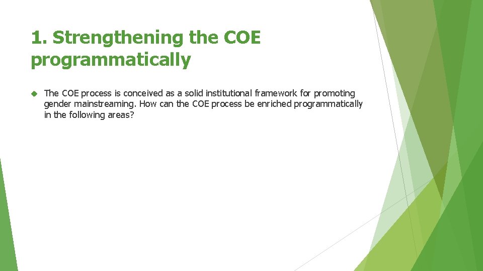 1. Strengthening the COE programmatically The COE process is conceived as a solid institutional