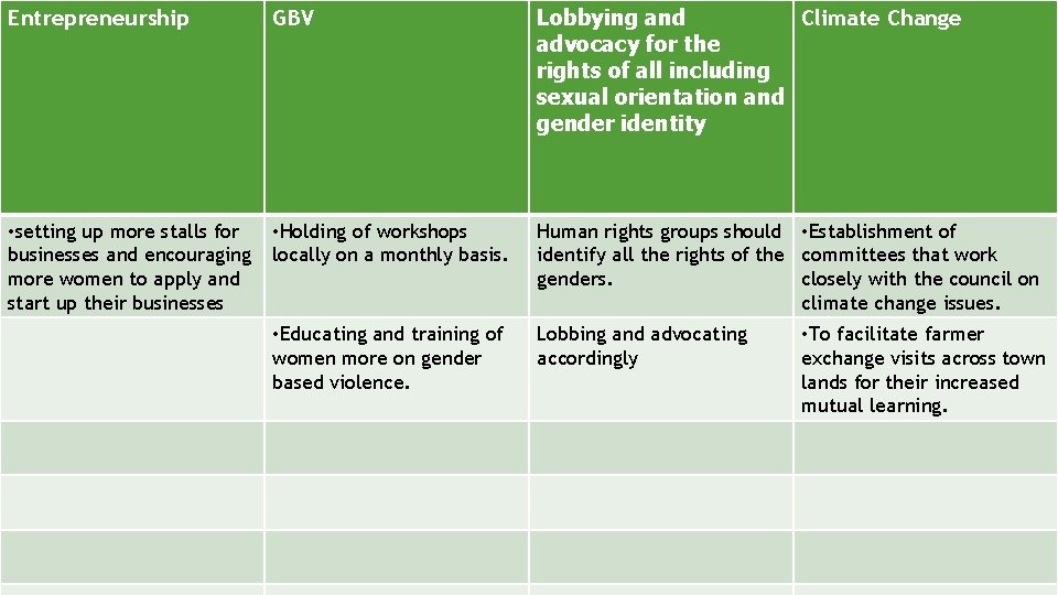 Entrepreneurship GBV Climate Change Lobbying and advocacy for the rights of all including sexual