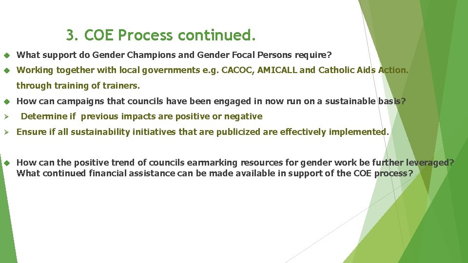 3. COE Process continued. What support do Gender Champions and Gender Focal Persons require?