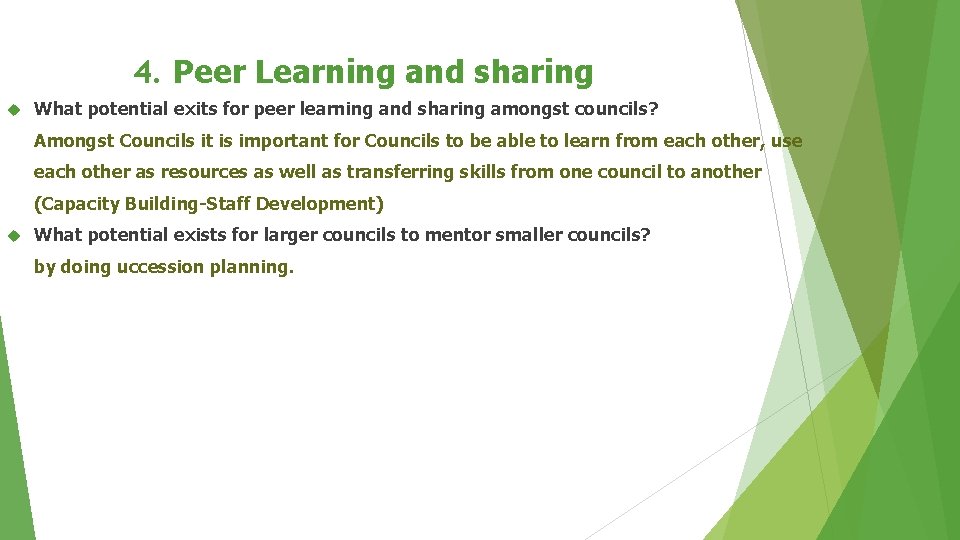 4. Peer Learning and sharing What potential exits for peer learning and sharing amongst