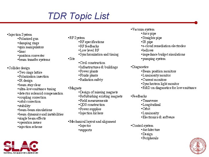 TDR Topic List • Injection System • Polarized gun • damping rings • spin