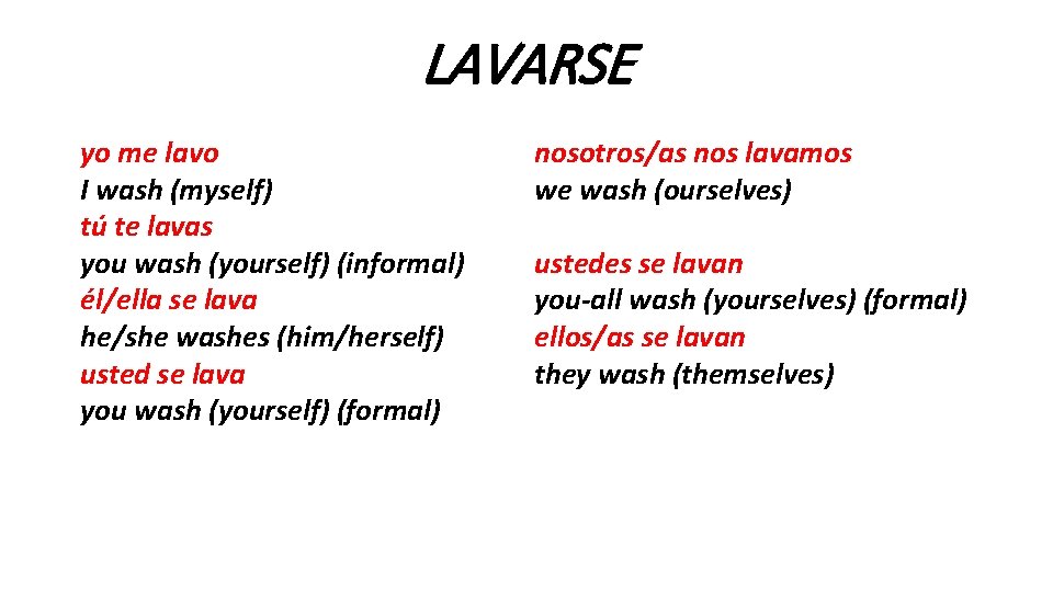 LAVARSE yo me lavo I wash (myself) tú te lavas you wash (yourself) (informal)