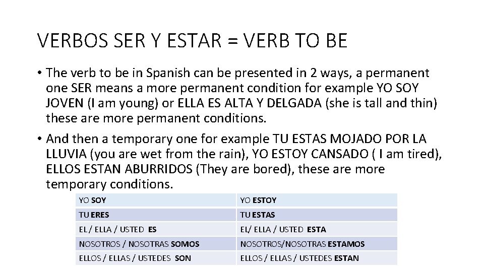 VERBOS SER Y ESTAR = VERB TO BE • The verb to be in