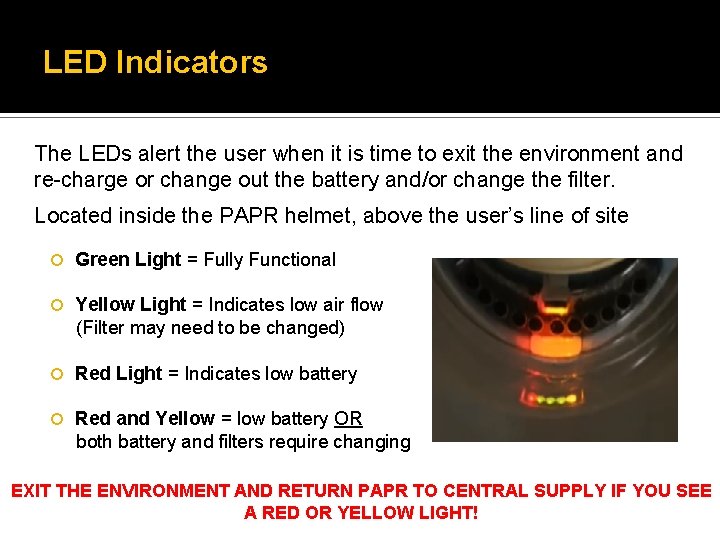 LED Indicators The LEDs alert the user when it is time to exit the