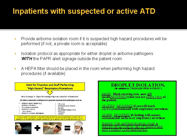 Inpatients with suspected or active ATD § Provide airborne isolation room if it is