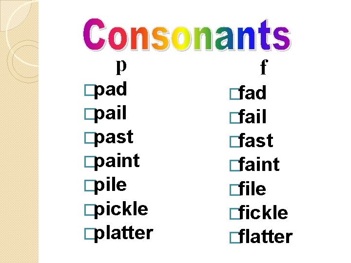 p �pad �pail �past �paint �pile �pickle �platter f �fad �fail �fast �faint �file