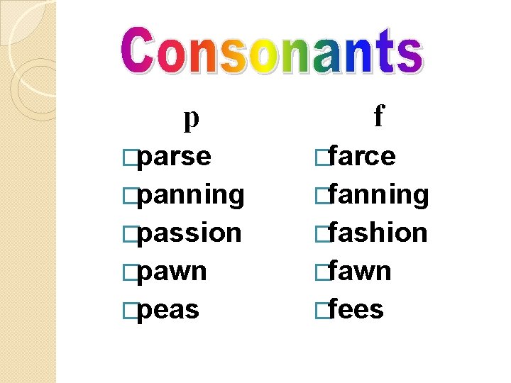 p f �parse �farce �panning �fanning �passion �fashion �pawn �fawn �peas �fees 