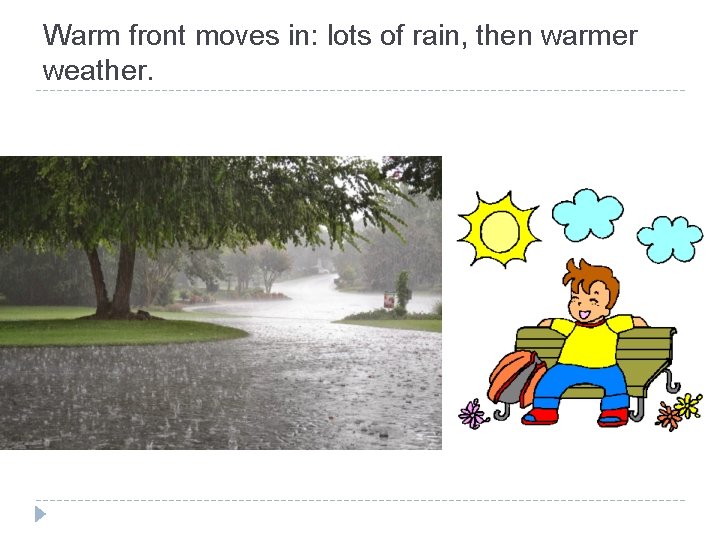 Warm front moves in: lots of rain, then warmer weather. 